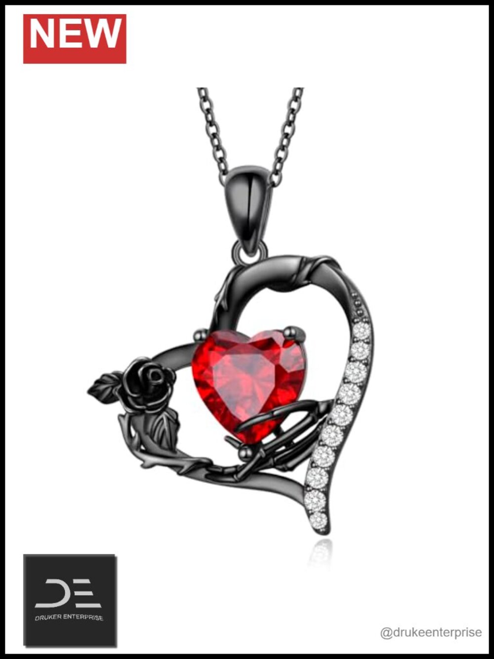925 Sterling Silver Skeleton Hand Red Crystal Heart Pendant Necklace Gothic